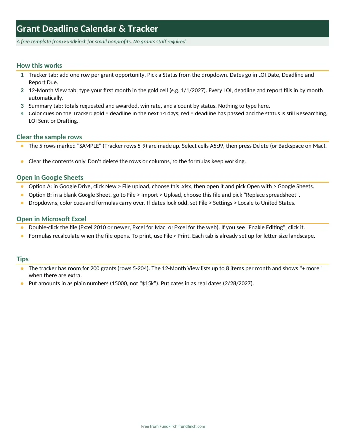 First page of the Grant Deadline Calendar & Tracker: how-to steps for the Tracker, 12-Month View and Summary tabs